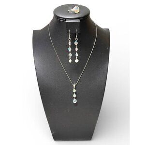 Vintage Rhinestone & Imitation Pearl Necklace Earring Ring Set Size 7 Silver Ton